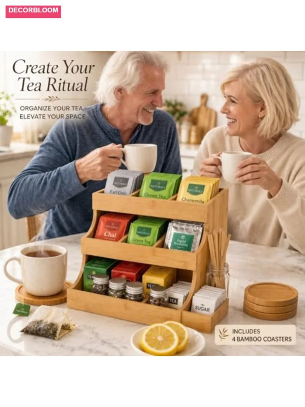 Bamboo 3-Tier Tea Bag Organizer with 4 Coasters
